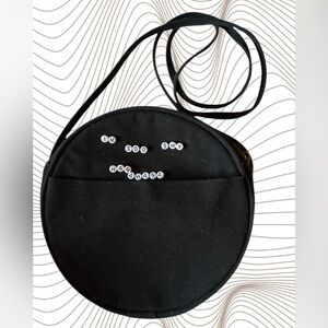 YONBEN Black Circle Crossbody Bag with Embellishment “I’m Soo Shy Hahahaha”